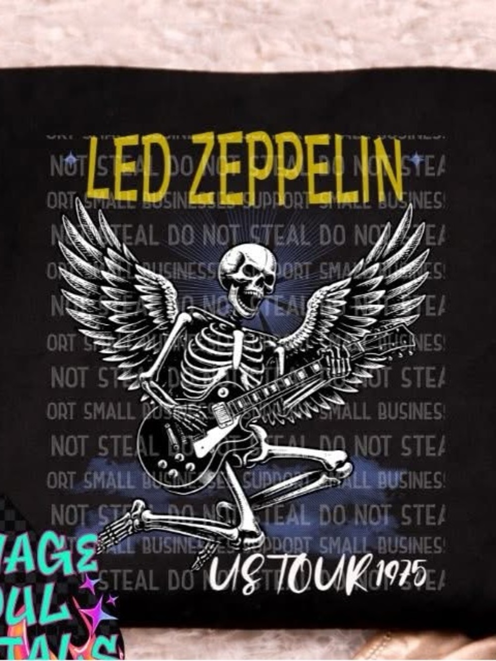 Led Zeppelin US Tour 1975 Skeleton Graphic Tshirt - Black & Yellow Small-XL